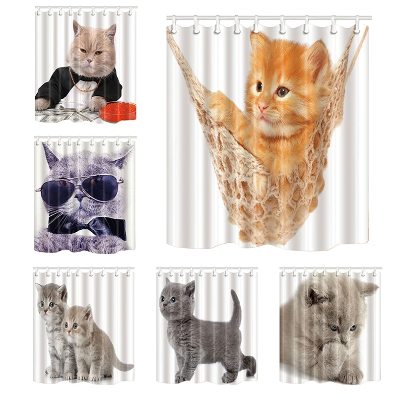 

Cute Cat Pets Shower Curtains for Bathroom Decor Bath Screens Polyester Waterproof Mildewproof White Shower Curtain with Hooks