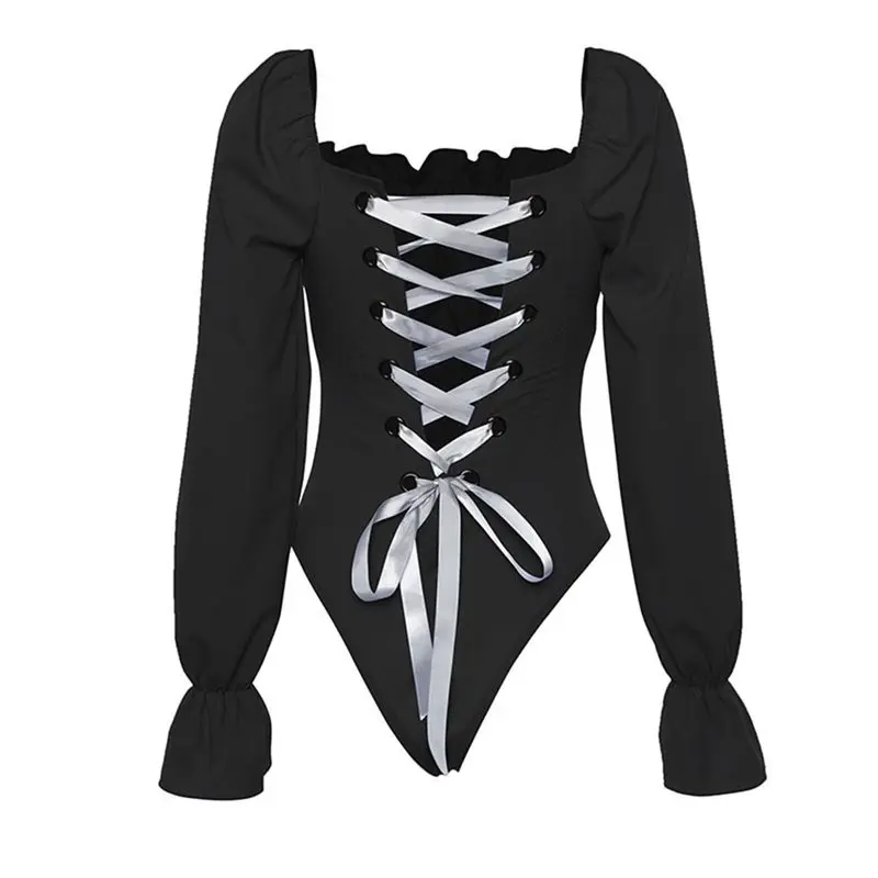 

Women Rompers Black Goth Hollow Lace Up Casual Overall Bodysuit Spring Backless Flare Sleeve Sweet Blue Bodycon Sexy Bodysuits