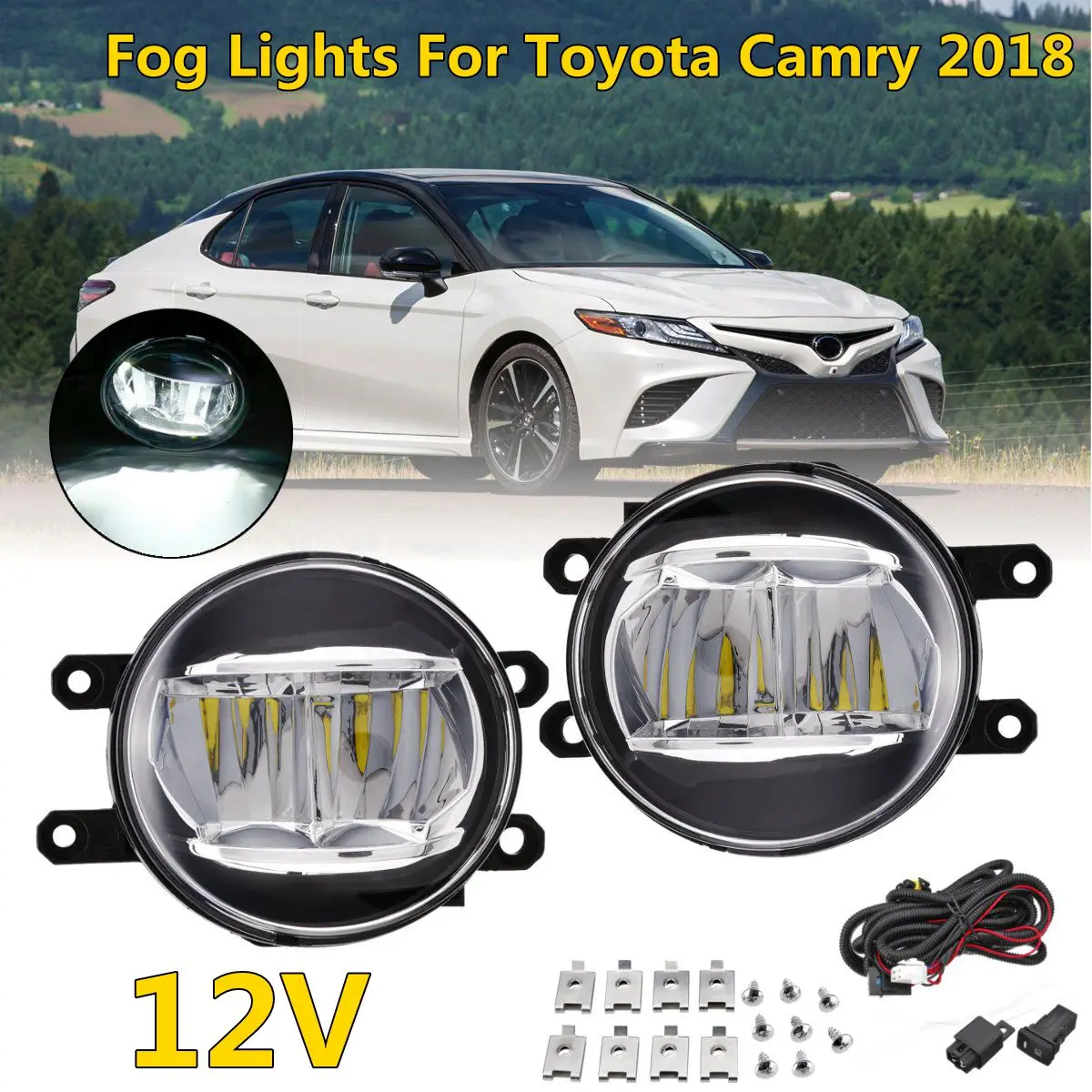 

for Toyota Camry XSE 2018 with Switch Cable 1 Pair Halogen Front Bumper Car Fog Light Lamp Bulb Clear Lens Bumper Light