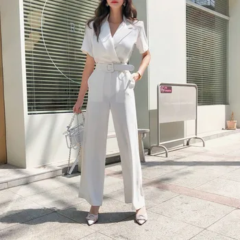 

Elegant Women Working Jumpsuit 2019 New Summer Style Notched Collar Short Sleeve Belted Casual Women Work Office Long Jumpsuit