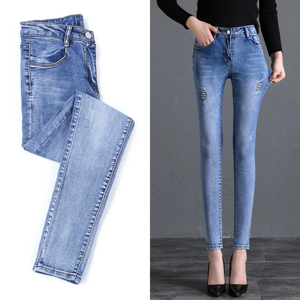 Высокая талия стрейч джинсы женские синие модные джинсовые брюки 2019 лето-осень вышивка тощий карандаш женские брюки