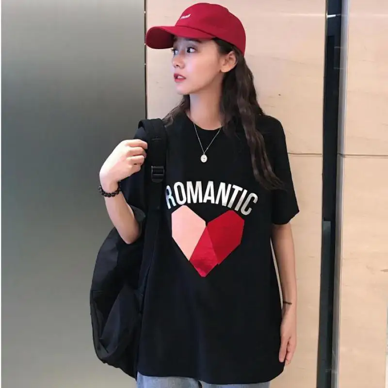 

Ailegogo 2019 Summer Women Heart Print Tshirt Casual Harajuku Loose Fit Shirts Cotton Shirts Plus Size Letter Tops Female
