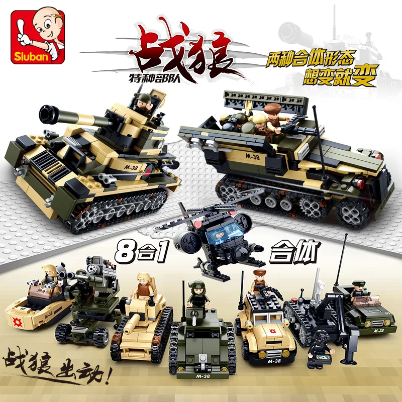 

Sluban B0587 8-in-1 Army Military Armored Tank Jeep Plane 3D Model DIY Building Blocks Bricks Assembly Toy fit Legoings no Box