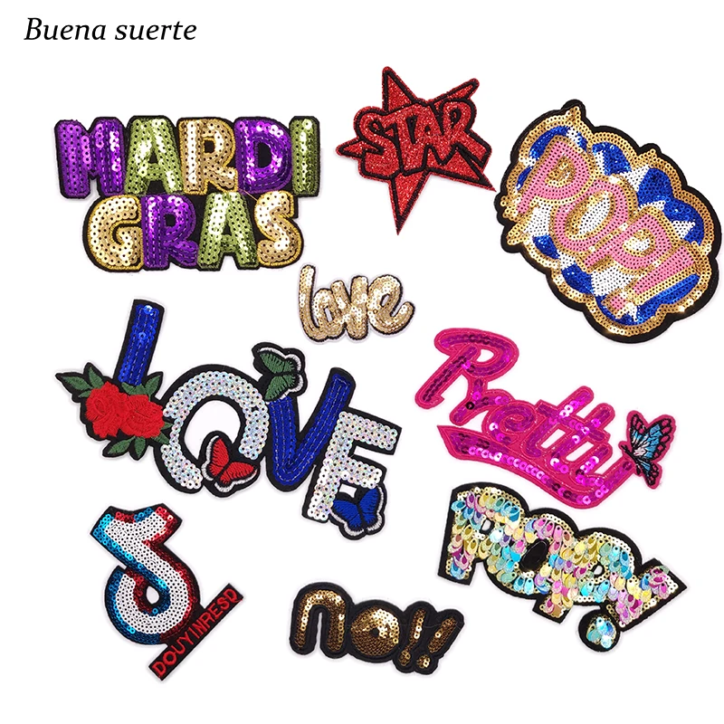 

Sequins Letters Pop LOVE Tik Tok Cartoon Embroidered Patch Stripes Iron on Clothes Patches for Clothing Parches Bordados Badges