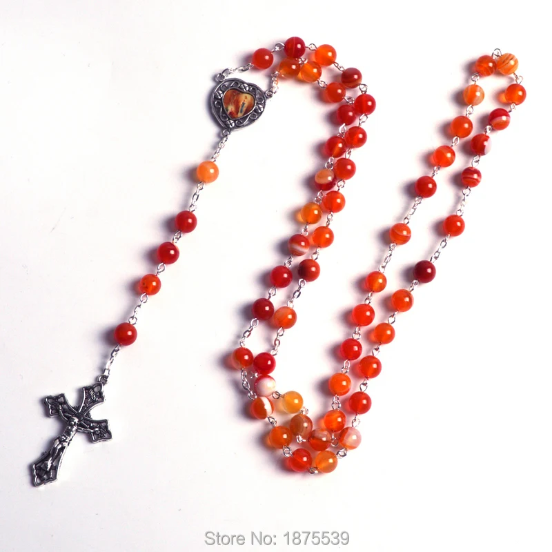 Католические Четки Our Lady of Lourdes Центральная медаль 8 мм круглый оранжевый тройной камень Бусины
