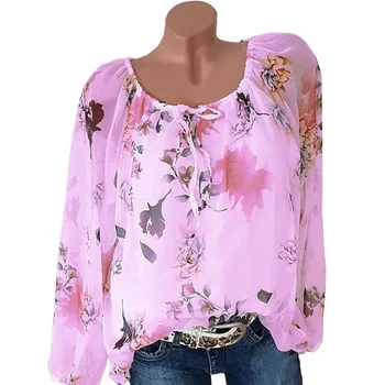 

Tie Slash Neck Printed Long Sleeve Women Shirts Summer Tops Leisure Shirt White Print Half Sleeve Shirts Blusas Plus Size 5XL