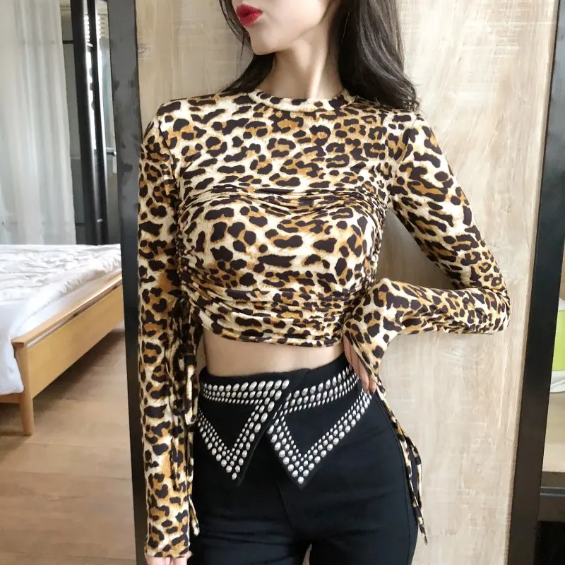 

2019 women clothes set long sleeve leopard draw string short design T-shirt+high waist rivet pencil pants female twinset