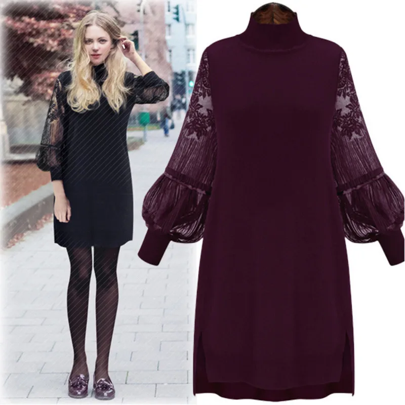 

LANMREM 2019 Spring Fashion New Pattern Solid Color Turtleneck Lace Hollow Out XL-5XL A-line Dress Women M32401XL