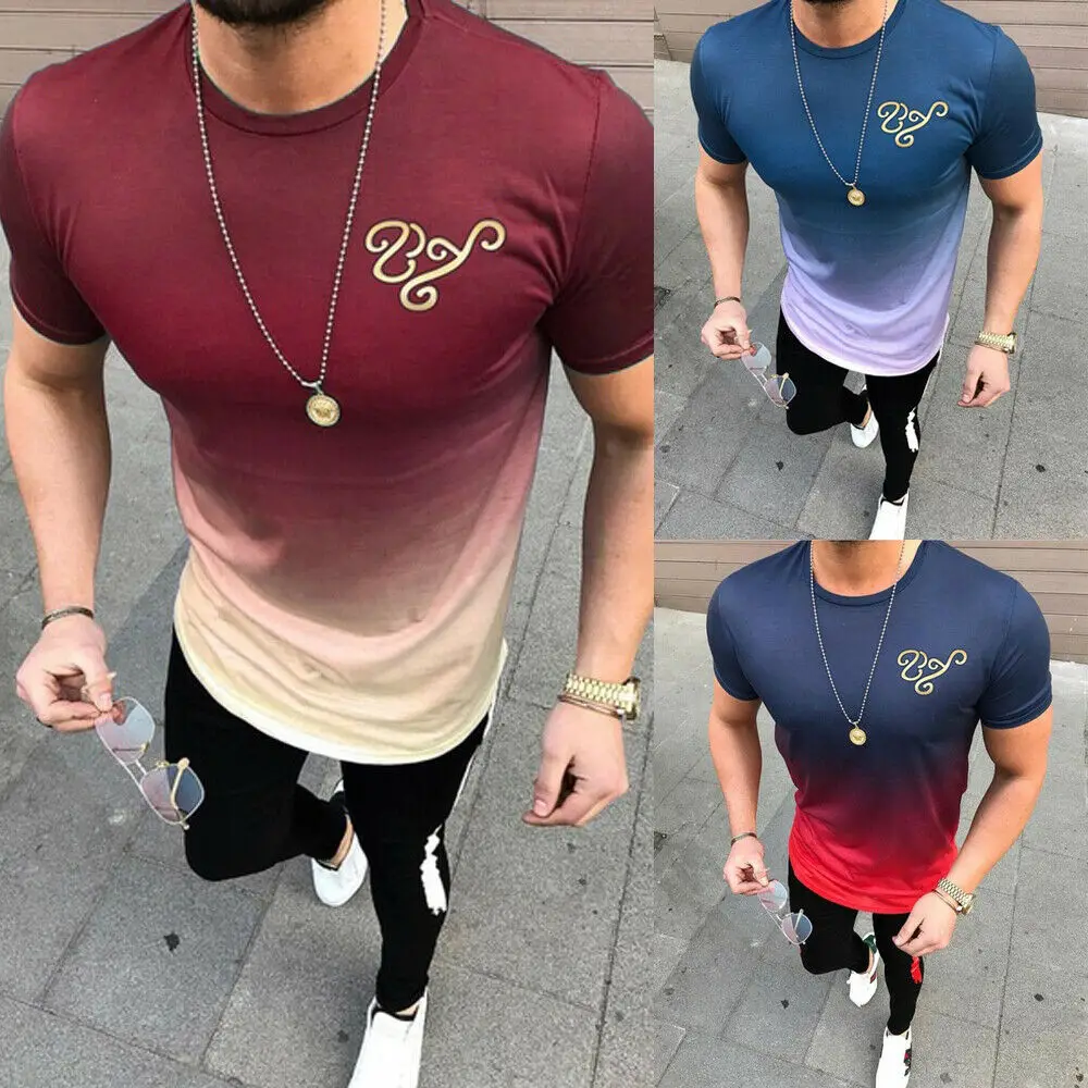 

2019 New Fashion Men T-shirt Summer Gradient Color T-Shirt Short Sleeve Men Top Gym Fitness Sports Tees