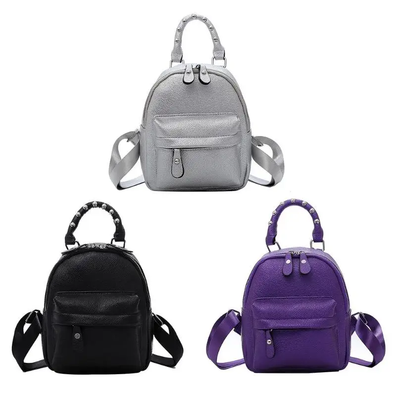 

Teen Fashion PU Leather Women Backpacks Zipper Girls Students Shoulder Schoolbags Lady Small Rivets Solid Travel Rucksacks Pouch