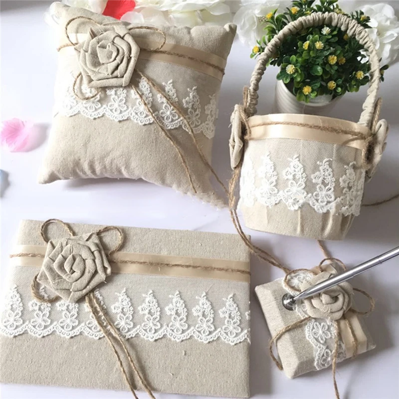 

Romantic Wedding Flower Linen Basket +Guest Book Pen Set + Ring Pillow Set