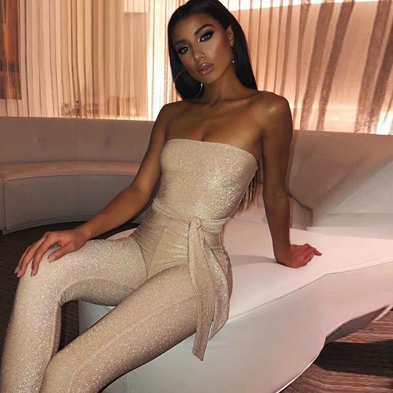 

Strapless Sexy Jumpsuits Sashes Baqckless Solid Bodycon Rompers Party Clubwear Playsuits Summer Elegant Jumpsuit Long Trousers