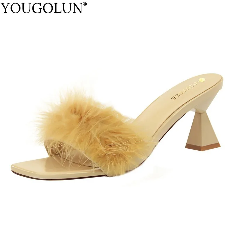 

Women High Heel Furry Slippers Ladies Cute Fashion Feather Solid Strange Style Summer Beige Gray Red Nude Slippers Woman C046
