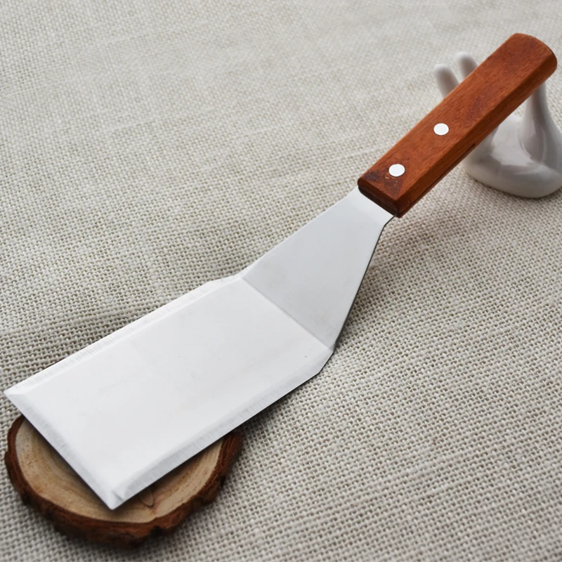 Stainless steel iron plate scoop pizza pancake flat steak pressure spade hand gripper kitchen barbecue BBQ tool wood handle