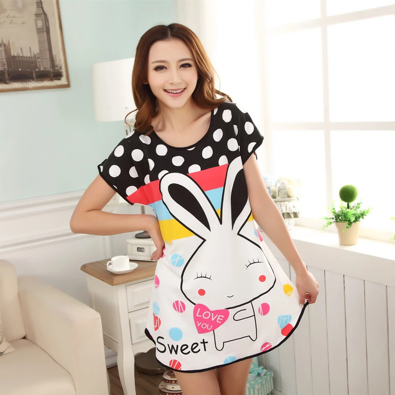 

2019 Pajamas For Women Short Sleeve Sleep Dress Cartoon Pattern Printed Sleepshirt Cute Nightdress Girl Pyjamas Pijama Mujer