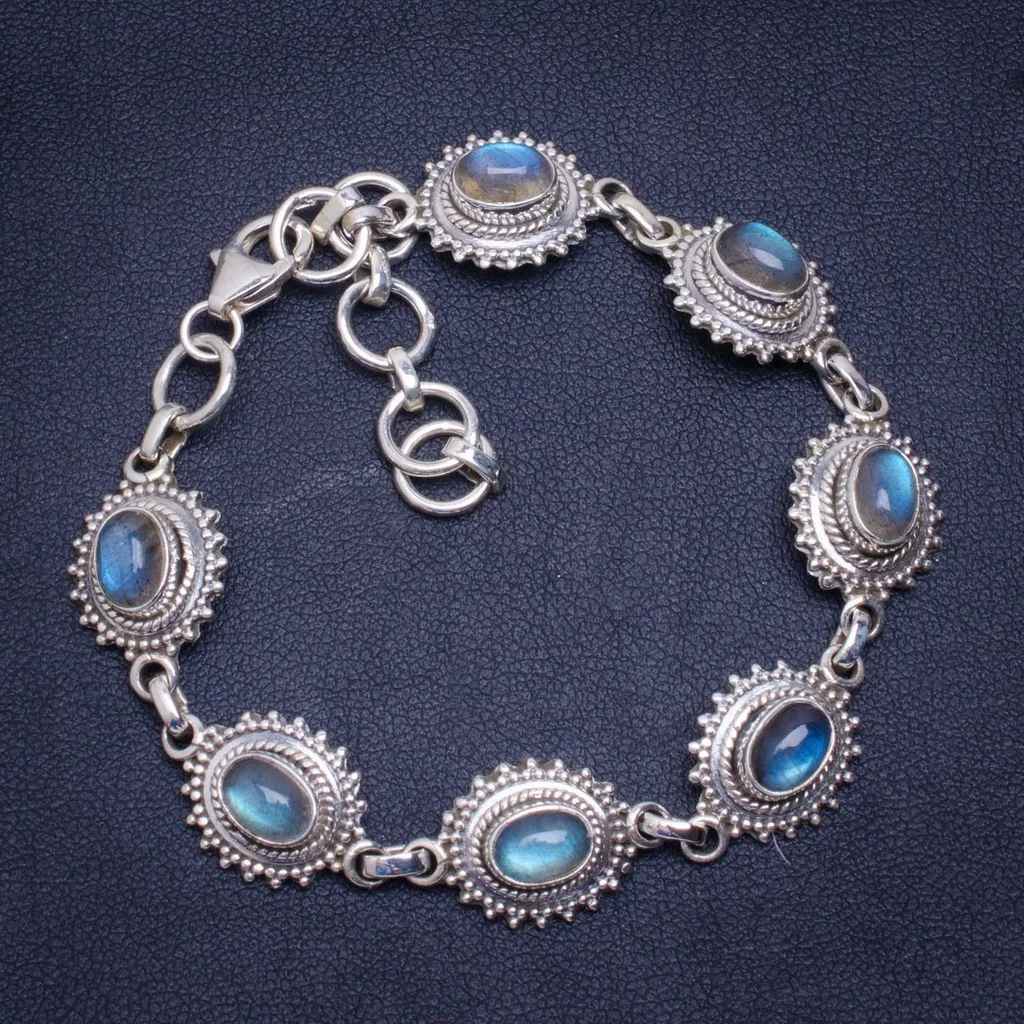 

Natural Blue Fire Labradorite Handmade Unique 925 Sterling Silver Bracelet 6.5-8" A2922