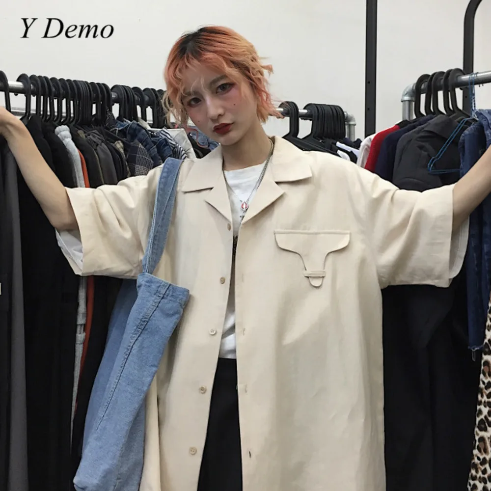 

Solid Color Women New V Neck Shirt Single Breasted Loose Short Sleeve Jacket