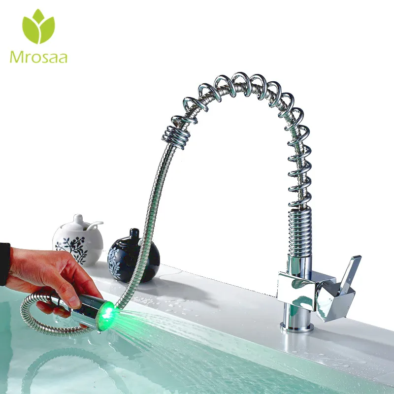 

Chrome Spring Pull Down Led Kitchen Faucet 360 Rotate Handheld Kitchen Mixer Crane Water Taps Temperature Sensor Torneira Nozzle