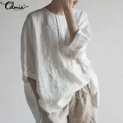 Celmia Лето 2019 г. топы корректирующие Винтаж для женщин льняная блузка повседневное свободные пуговицы подпушка разделение рубашки для мальч