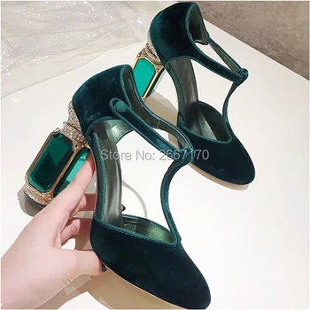 

Retro Palace Style Black Green Purple Burgundy Velvet Women's Pumps Bling Block High Heels T-strap Pumps Mary Jane Shoes Party