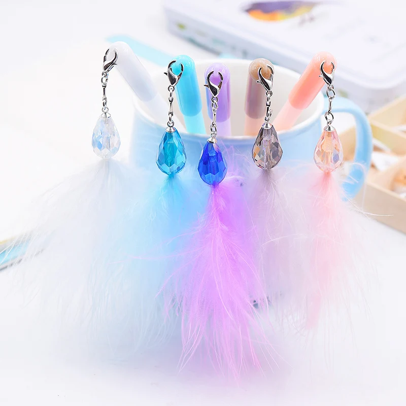 

1PC Cute Feather Pens Kawaii Crystal Gel Pens Pendant Neutral Pens For Kids Gift School Office Supplies Stationery