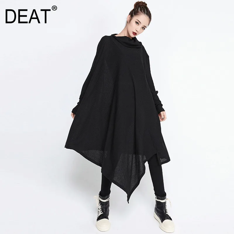 

[DEAT] 2019 New Spring Winter High Collar Long Sleeve Black Irregular Hem Loose Big Size Long Dress Women Fashion Tide JG63