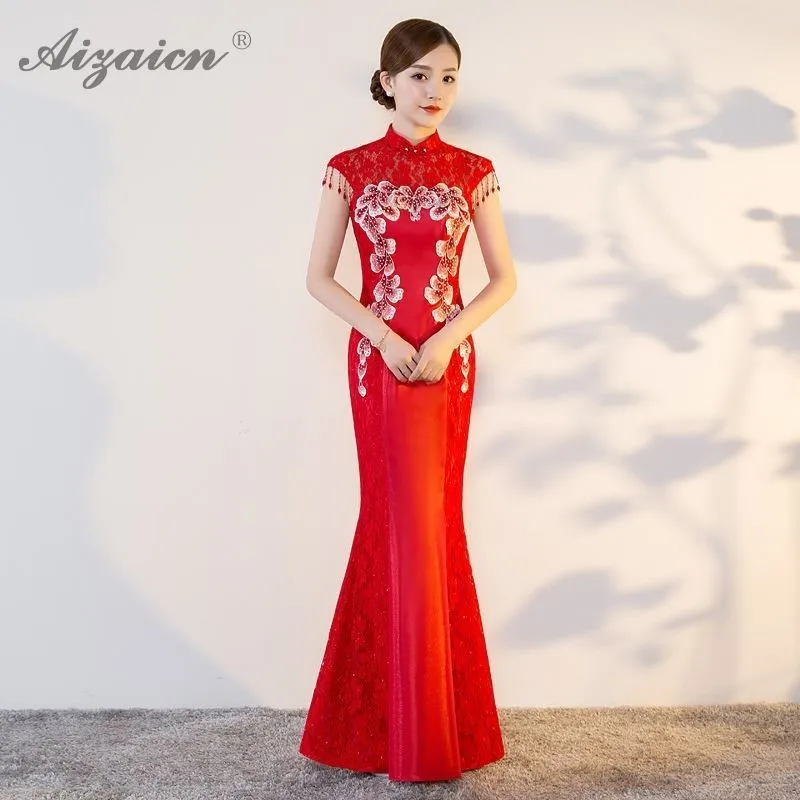 

Fashion Red Fish Tail Lace Evening Dress China Bride Wedding Qipao Long Cheongsam Women Traditional Chinese Clothing Qi Pao