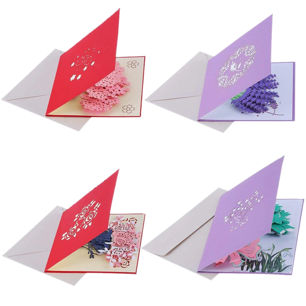 

New-Flowers Pop Up Cards, 4 Mix Bouquet 3D Greeting Card with Envelopes for Wedding Birthday Anniversary,Folds Flat for Mailin