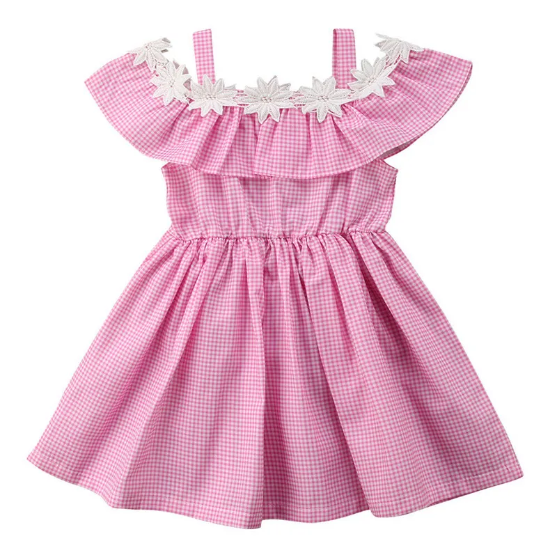 Baby Girls Plaid Dress Summer Off Shoulder Lace Floral Knee Dresses