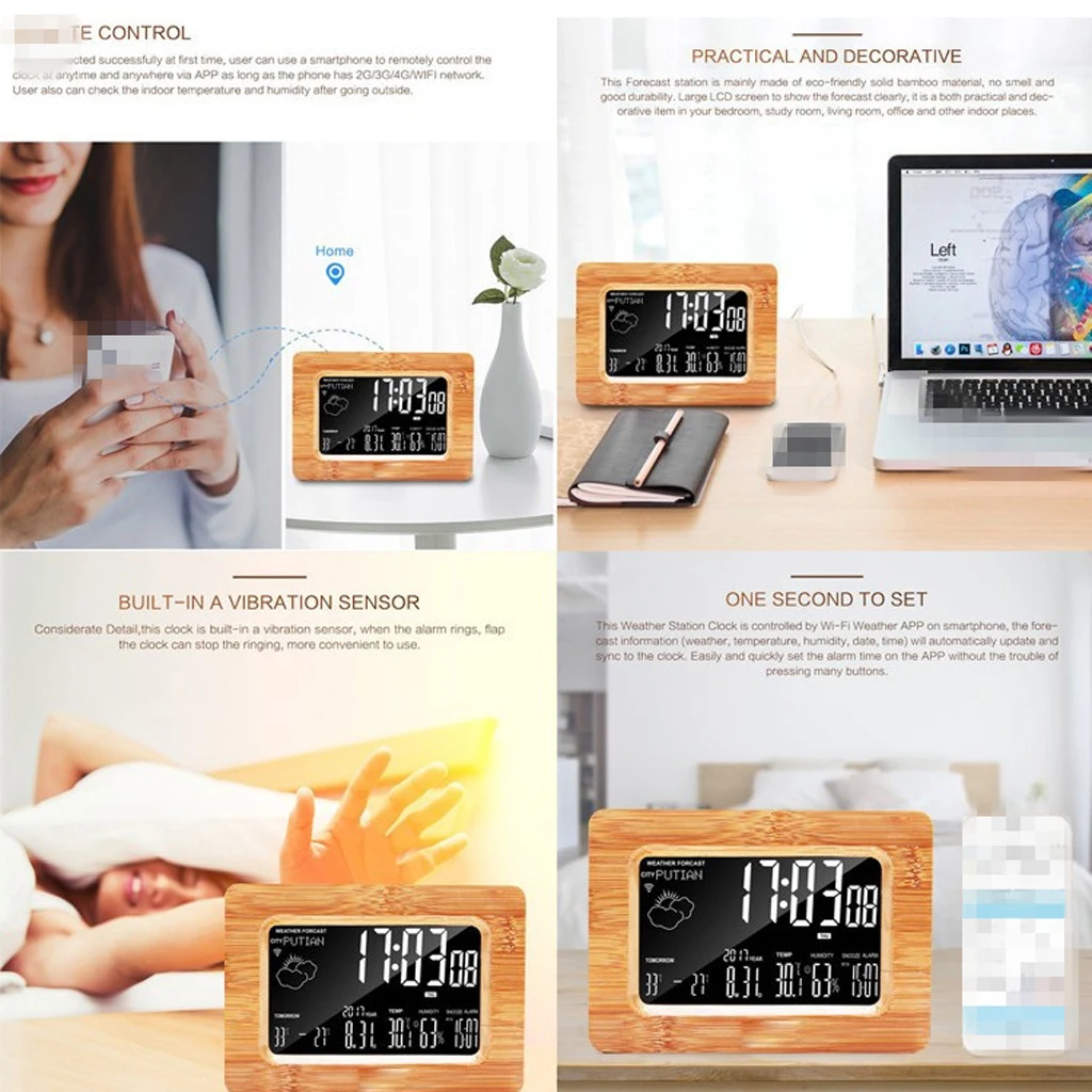 

Wood Wifi Clock Digital LCD Alarm Clock with Snooze Forecast Weather Station Bedsides Smart Alarm Clock with Calendar Hygrometer