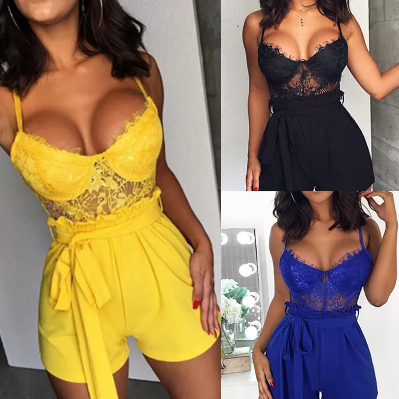 

Woman yellow Lace V Lead Sleeveless Sexy transparent Shorts Belt bodysuit rompers womens jumpsuit macacao feminino body mujer