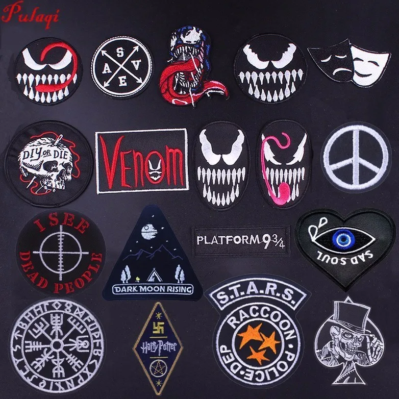 

Pulaqi Hot Sale Venom Sticker Punk Patches Embroidered Sew On Iron-on Arm Badge Decor For Clothing Hat Resident Evil Diy H