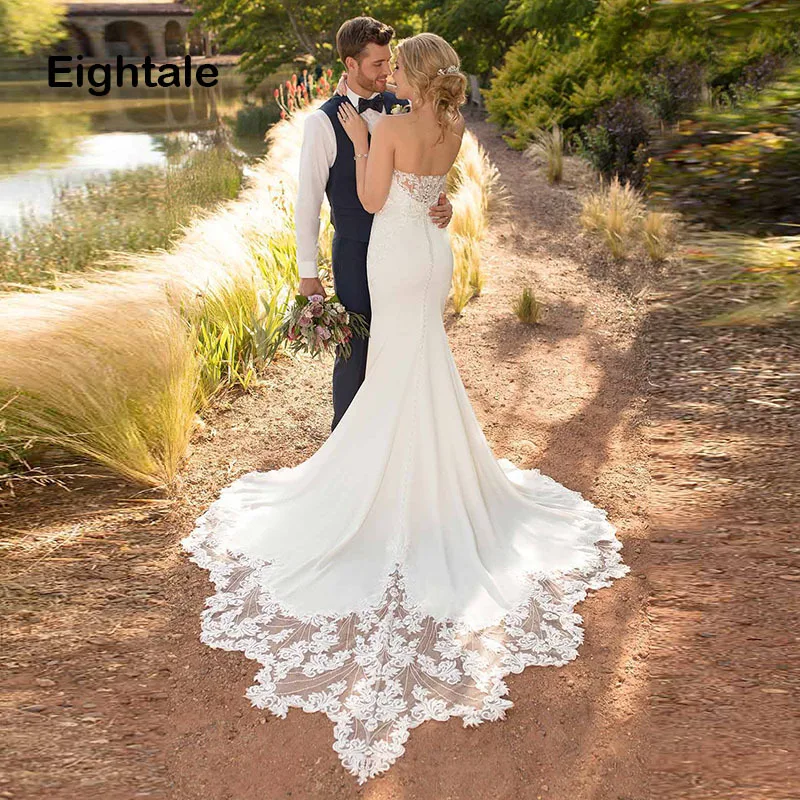 

Eightale Boho Wedding Dress Mermaid Sweetheart Appliqued Lace Princess vestidos de noiva Bridal Dress with Button Wedding Gowns