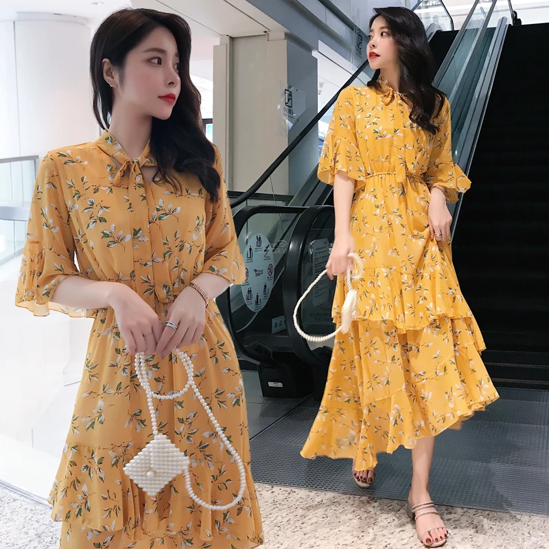 Korean Fashion Sweet Summer Dress 2019 New Women Flare Sleeve Yellow ...