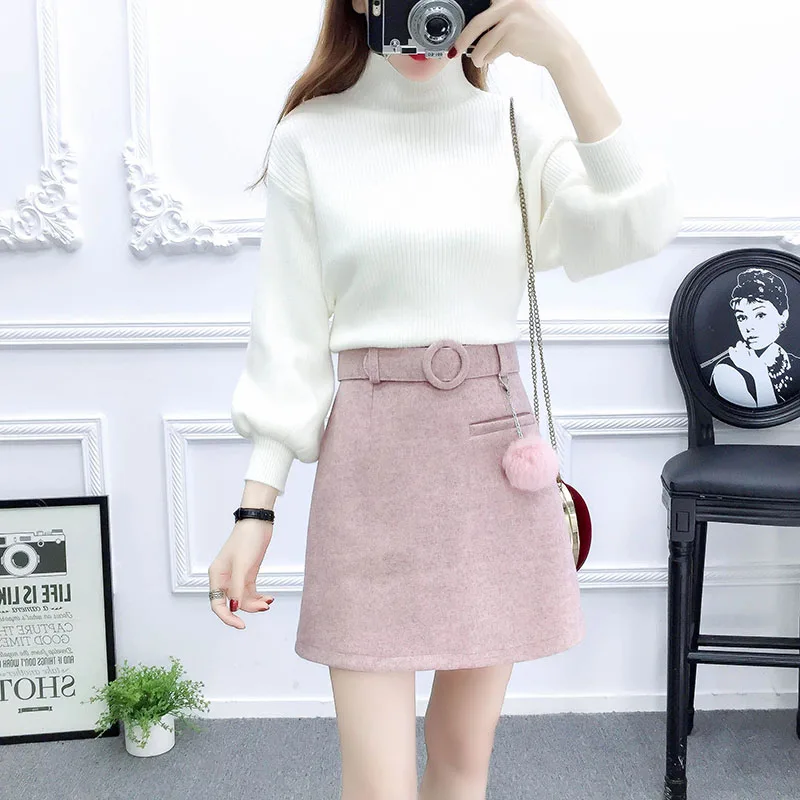 

2018 fall and winter princess suits skirts of lantern sleeve sweater & belt skirt outfit vestido lady top clothes two pcs