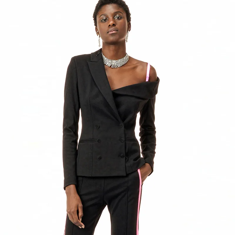 

[EWQ] 2019 Spring Autumn New Pattern Asymmetry Design Both Row Buckle Self-cultivation Black Suit Loose Coat Women AD074