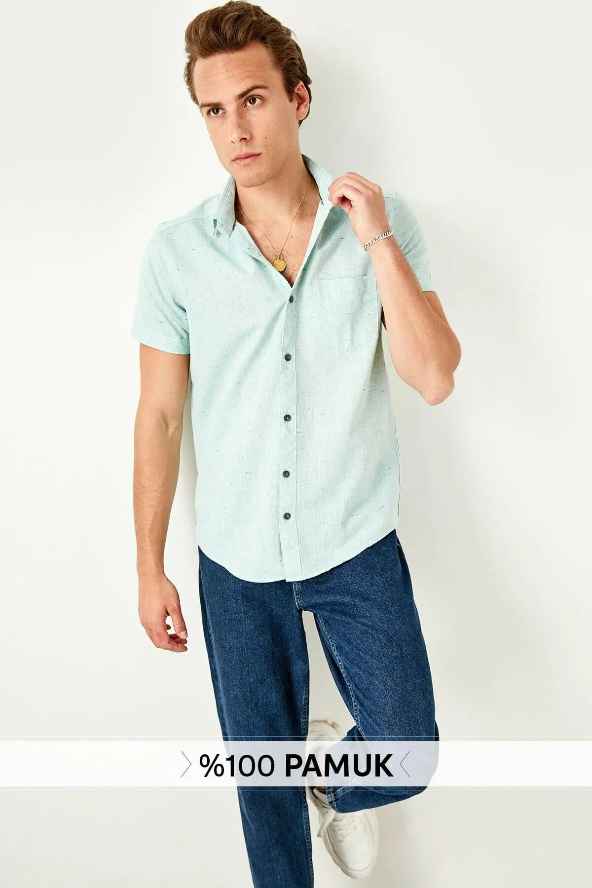 Trendyol мята Мужской Один Карманы Кнопка воротник короткий рукав Экстра Slim Fit