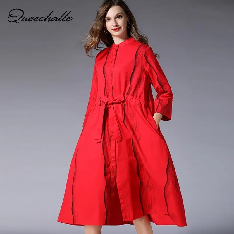 

European Style Shirt Dress Women Wave Stripe Print Round Neck Drawstring Ties Waist A-line Dress XL - 4XL Plus Size Midi Dress