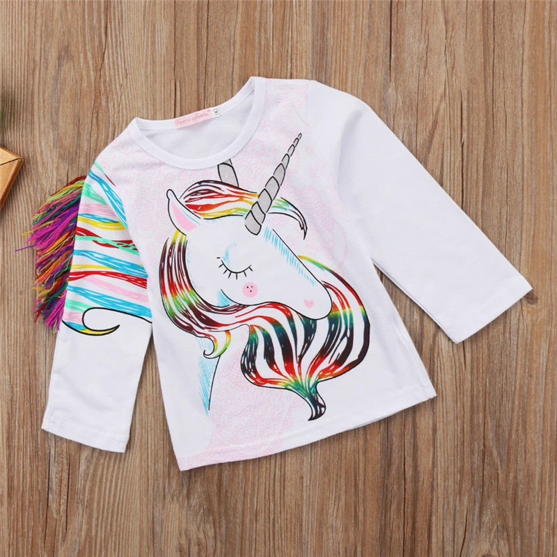 Новая модная одежда для маленьких девочек топы с длинными рукавами и рисунком единорога, футболка, блузка летняя футболка Повседневная одежда От 1 до 6 лет