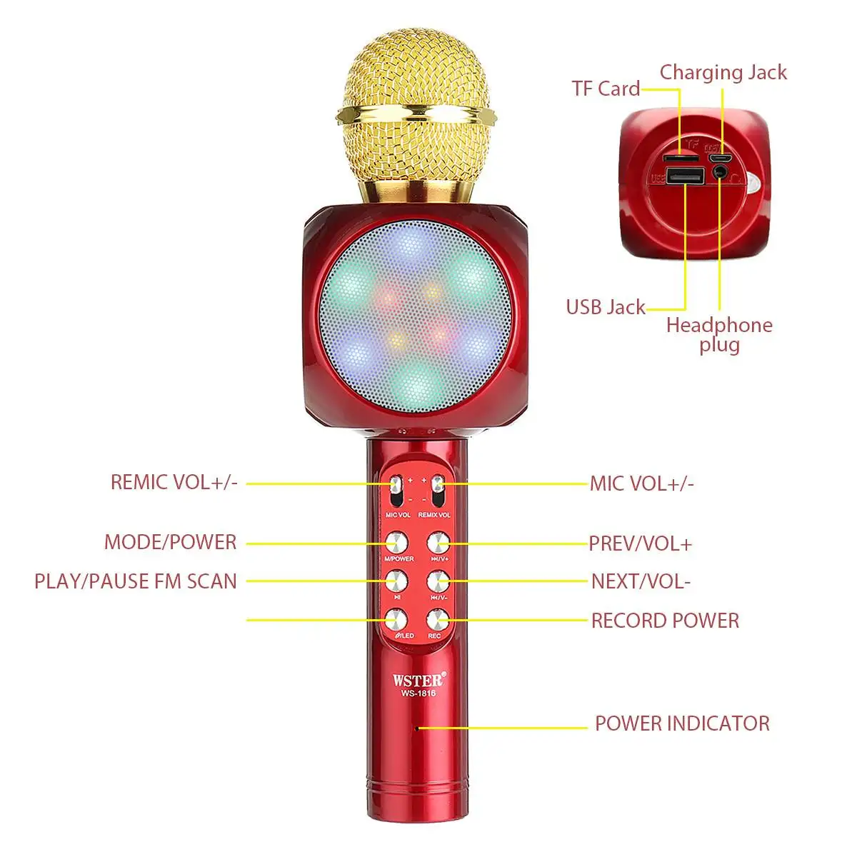 WS-1816 беспроводной bluetooth Многофункциональный микрофон для караоке с светодиодный светильник