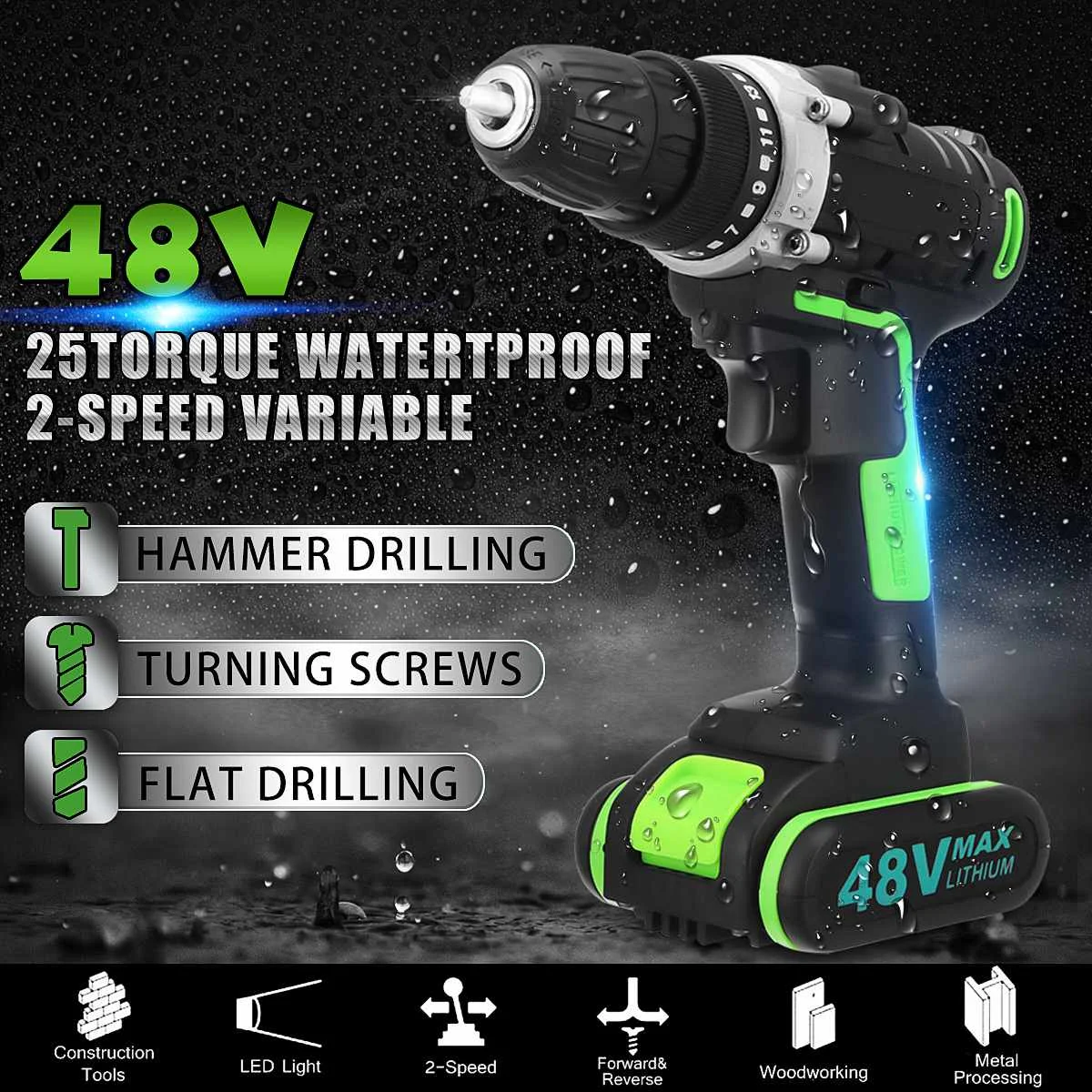 

48V Electric Drill Cordless Wrench Screwdriver Tools Double-Speed Adjustment LED lighting woodworking Power Tools