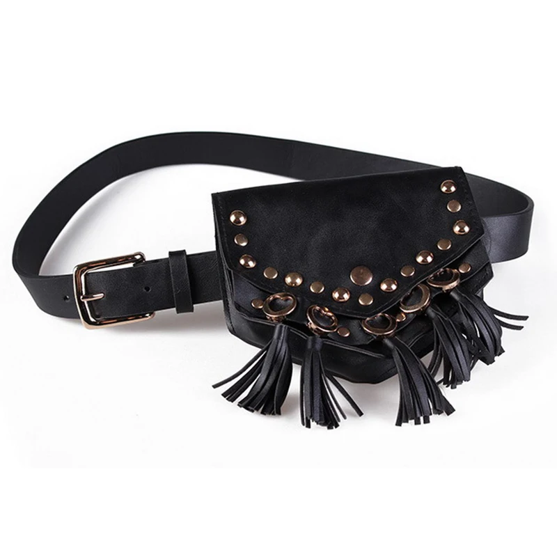 

JHD Punk Women Waist Bag Women Rivet Belt Bag Luxury Leather Designer Fanny Pack Fashion Tassel Small Phone Bags