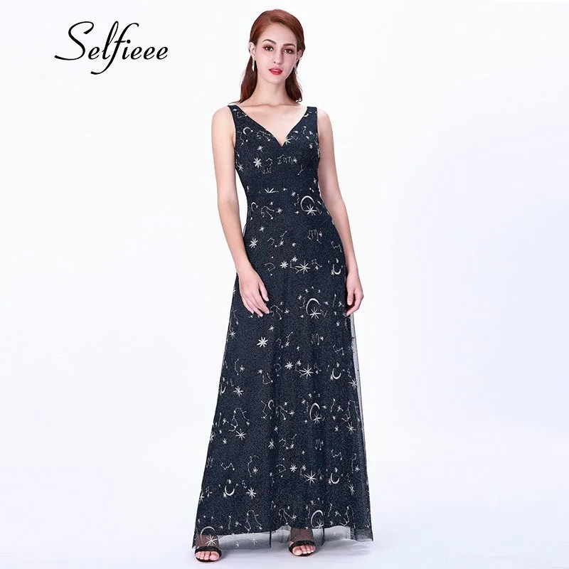

2019 Europe Female Celebrity Party Dress New Fashion Luxury Glitter Navy Blue Starry Sky Long Occasion Women Dress Ladies