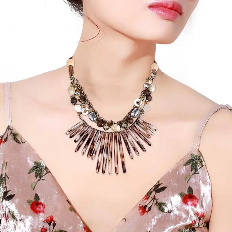 Fringed Resin Necklace Short Multi-layer Alloy European And American Style Retro Fashionable Pendant Neck Accessories | Украшения и