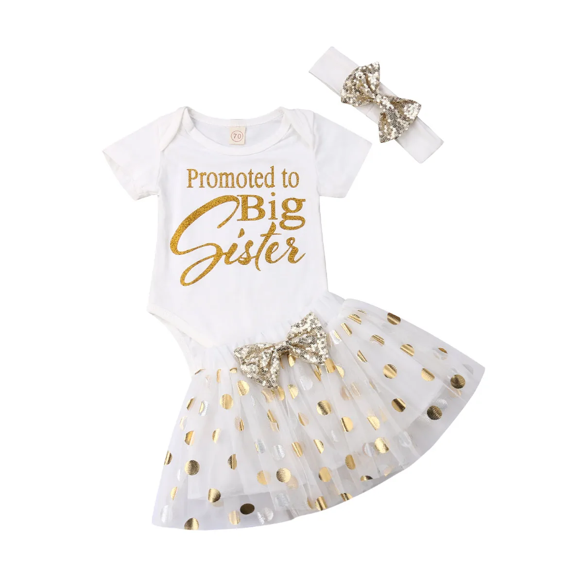 

Promoted to be big sister Print short sleeve Bodysuit,Gold Polka dots Mesh Skirt with Headband set for Baby Girl Clothes