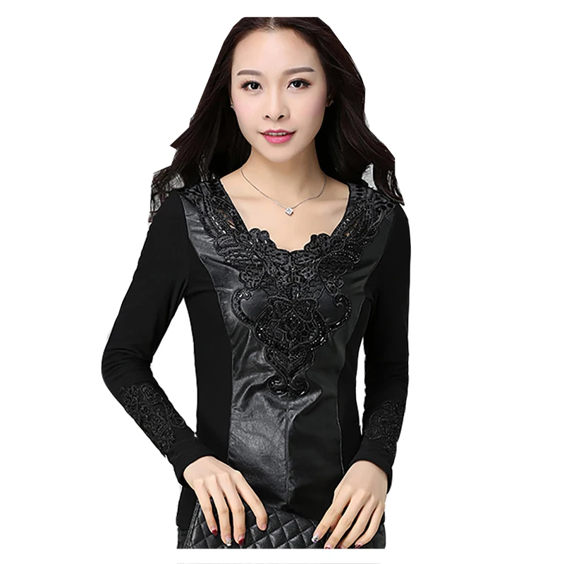 Black T shirt Women PU Mesh Patchwork Lace Crochet Slim T-shirt Tops Bottoming Shirt Long Sleeve M-3XL T92295