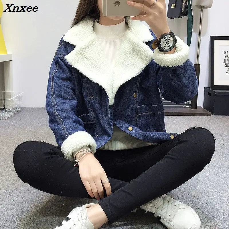 Winter Warm Fur Jeans Jacket Women Bomber Jacket Blue Denim Jacket Coat with Full Warm Lining & Front Button Flat Pockets Xnxee