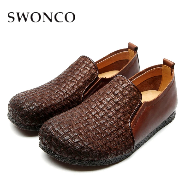 

SWONCO Loafers Women Knitting Genuine Leather Fisherman Shoes Female Striped Weaving Ladies 2019 Summer Slip-On Flat With Shoes