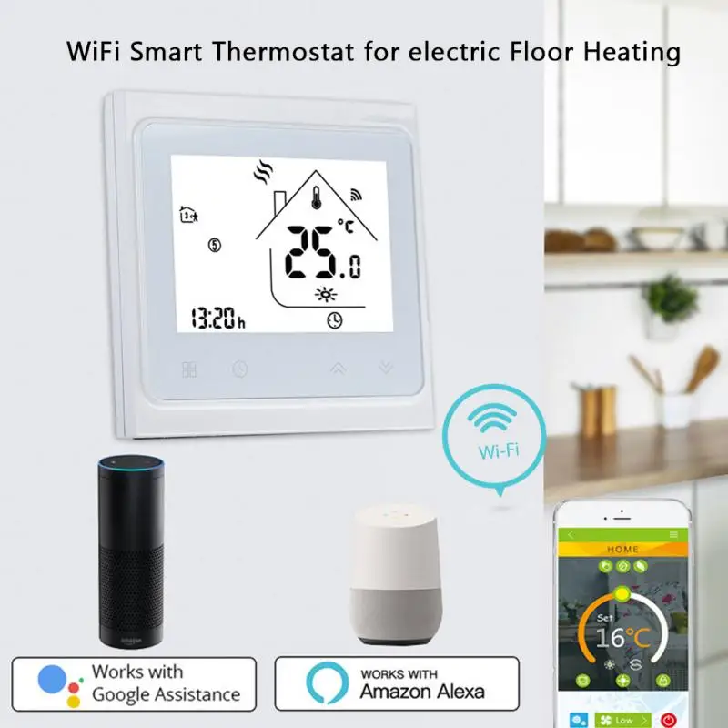 

LCD Touch Screen WiFi Smart Thermostat Temperature Controller for Electric Floor Heating Button Lock Dual Sensor