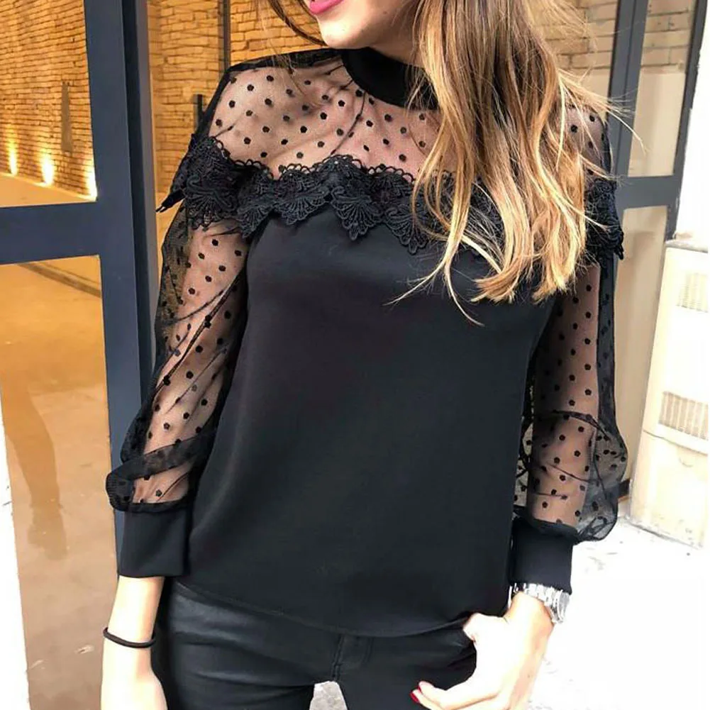 Women Sexy Lace See Through Mesh Long Sleeve O Neck Shirts Tops Ladies ...